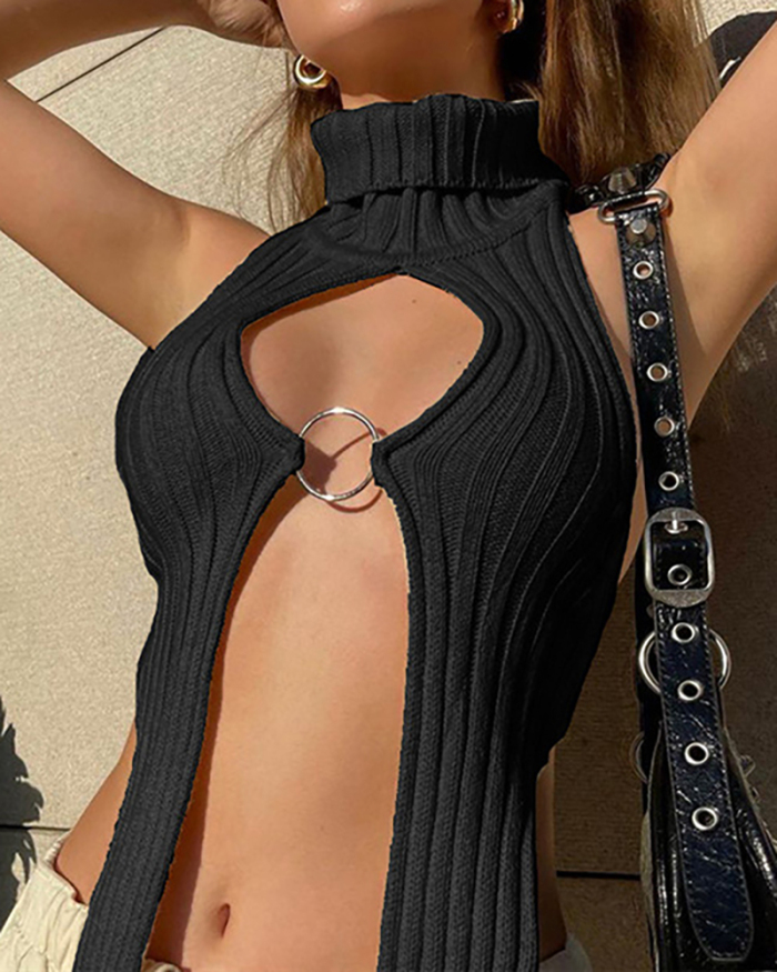 Women Hollow Out Sexy High Neck Backless Vest Apricot Black One Size