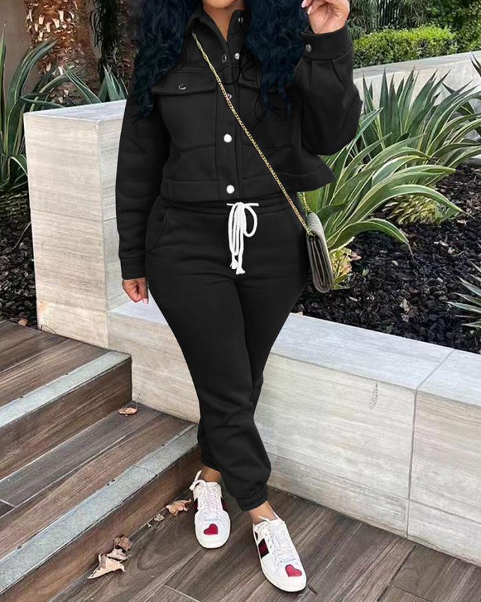 Women Long Sleeve Lapel Coat Pants Sets Two Pieces Outfit Black Coffee Khaki S-2XL