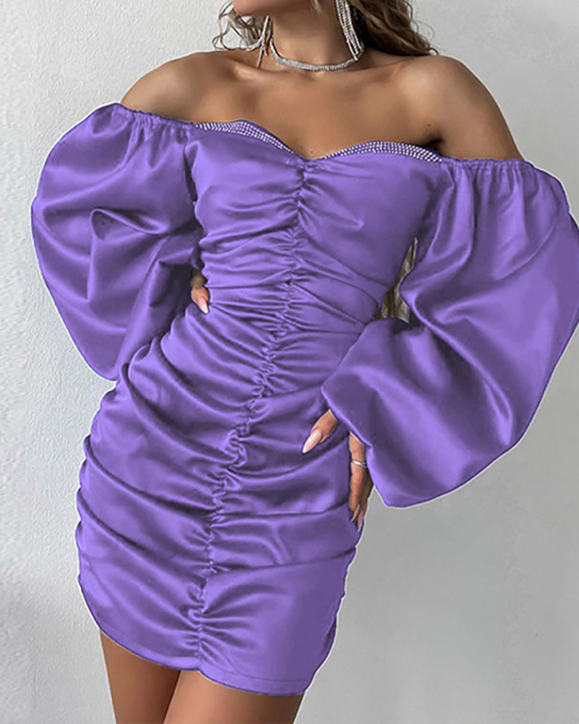 Hot Sale Long Sleeve Off Shoulder Solid Color Ruched One-piece Dress Blue White Black Rosy Green Purple S-L