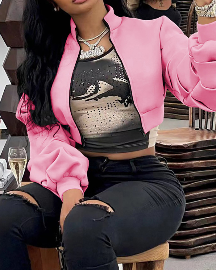 Women Turtleneck Long Puffer Sleeve Zipper Short Jackets Pink Black Khaki S-2XL