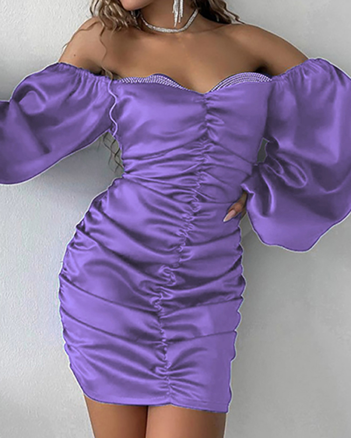 Hot Sale Long Sleeve Off Shoulder Solid Color Ruched One-piece Dress Blue White Black Rosy Green Purple S-L