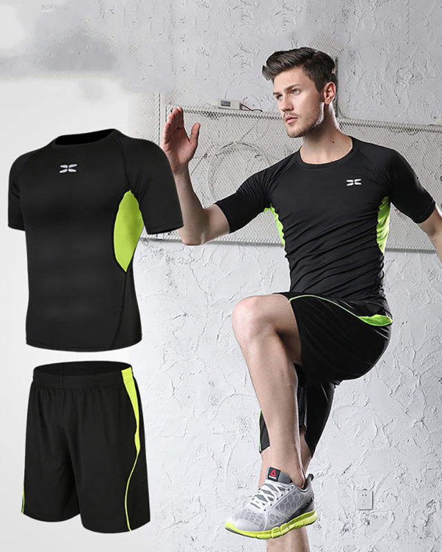Men's Sports T-shirt Short Sleeve Colorblock Two-piece Sets Black Gray Blue Green Deep Blue Deep Gray S-3XL