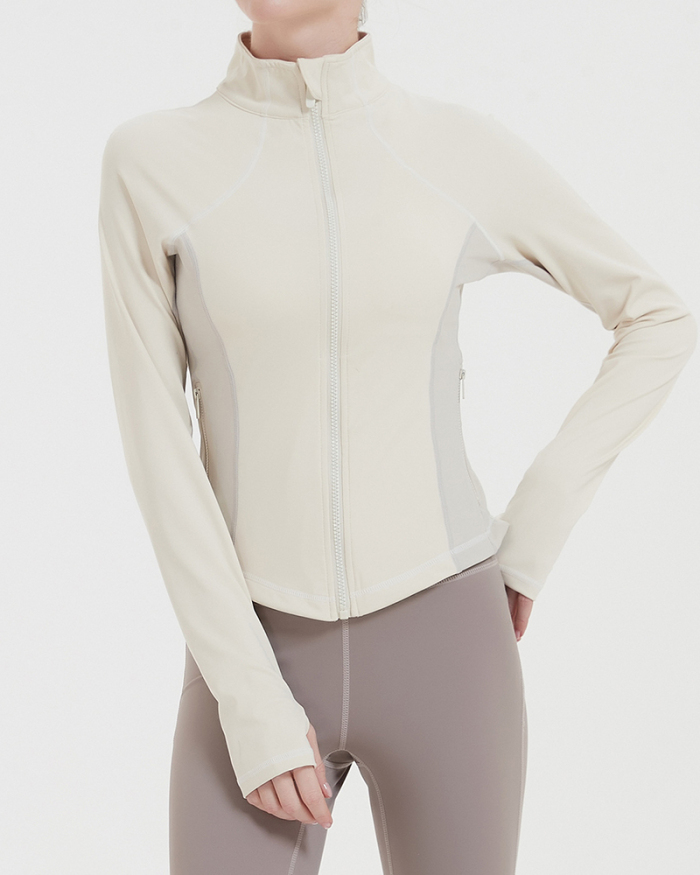 Women Colorblock Long Sleeve Zipper Running Sports Yoga Coats Navy Gray Ivory S-XL