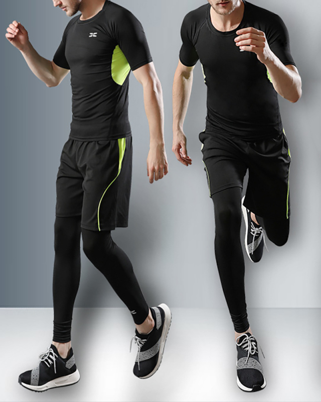 Men's Sports T-shirt Short Sleeve Colorblock Two-piece Sets Black Gray Blue Green Deep Blue Deep Gray S-3XL