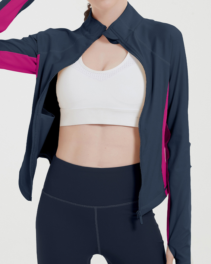 Women Colorblock Long Sleeve Zipper Running Sports Yoga Coats Navy Gray Ivory S-XL