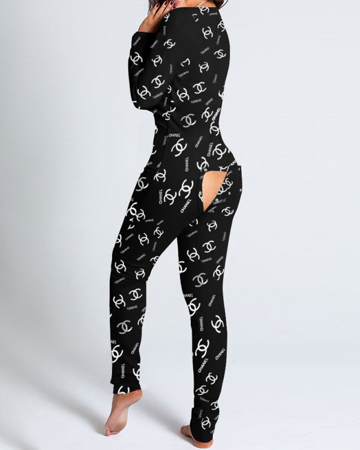 Women Long Sleeve Hollow Out Fashion Printed Onesie S-2XL