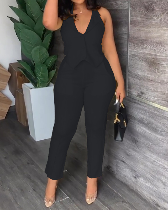 Women Sleeveless V-Neck Suits Pants Sets Two Pieces Outfit Yellow White Black Khaki S-2XL