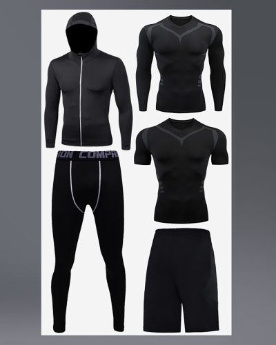 Men's Quick Dry Training Tops Leggings Sport Suit 5 Piece Sets Black S-3XL