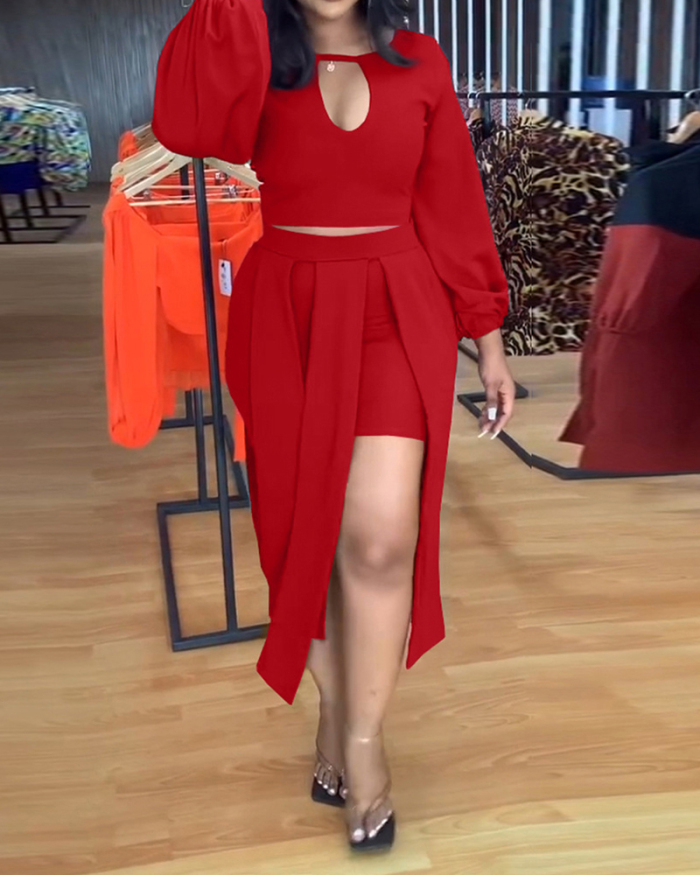 Women Long Sleeve Sexy Skirt Sets Two pieces Outfit Red Orange Black Blue S-2XL