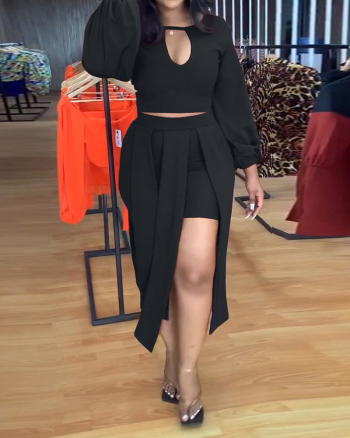 Women Long Sleeve Sexy Skirt Sets Two pieces Outfit Red Orange Black Blue S-2XL