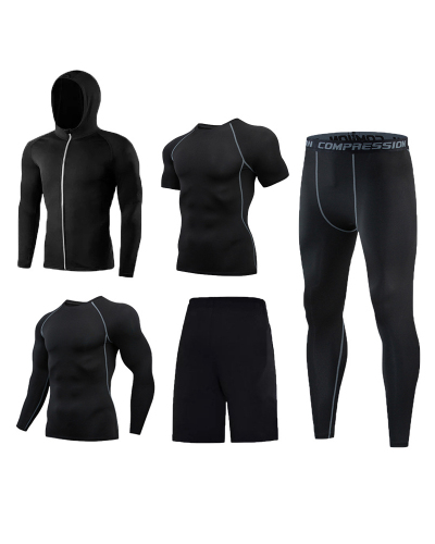 Men's Quick Dry Training Tops Leggings Sport Suit 5 Piece Sets Black S-3XL