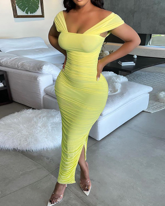 Women Sexy Ruched Irregular Bodycon Maxi Dresses White Yellow Red Black S-2XL