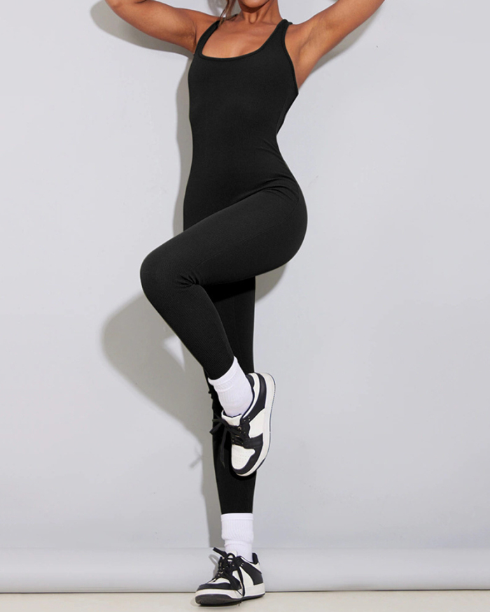 Women Sleeveless Solid Color Backless Criss Cross High Waist Sports Slim Jumpsuits Black Gray Blue Khaki White S-XL