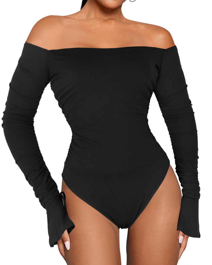 Women Off Shoulder Drawstring Long Sleeve Back Ruched Bodysuit Pink Black Wine Red White Army Green S-2XL