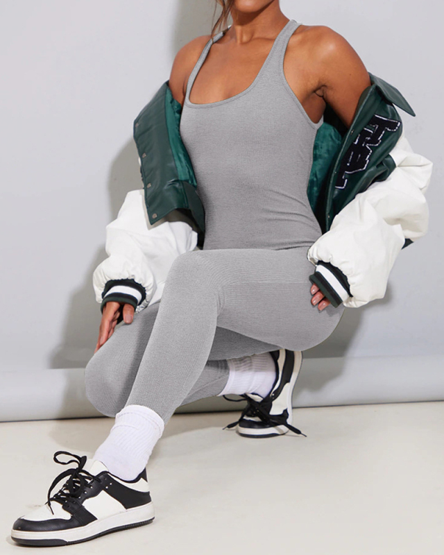 Women Sleeveless Solid Color Backless Criss Cross High Waist Sports Slim Jumpsuits Black Gray Blue Khaki White S-XL
