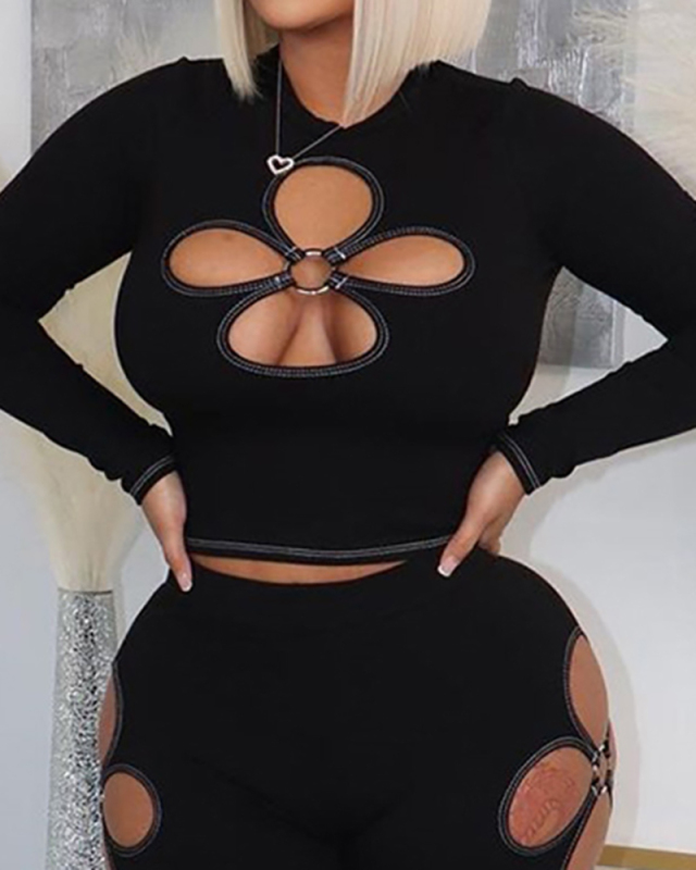 Women Mock Neck Long Sleeve Slim Four Leaves Hollow Out Solid Color Crop Tops Black S-L