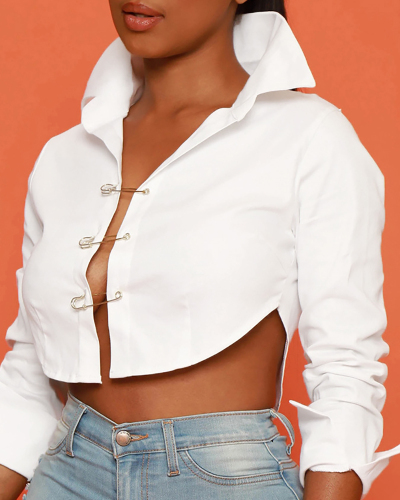 New Lapel Women Hollow Out Pin Crop Top Shirt White Black S-L