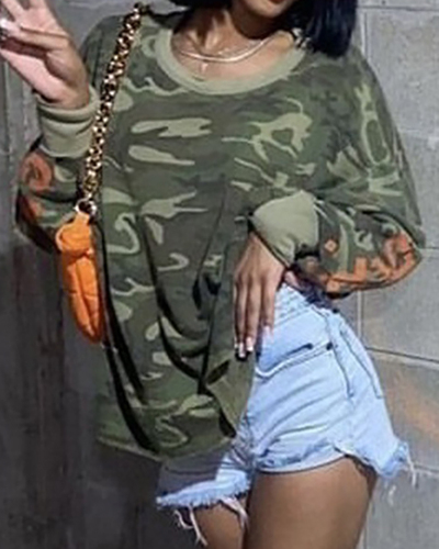 Women Hot Style Crew Neck Long Sleeve Popular Camo Pullover Top Camo S-L