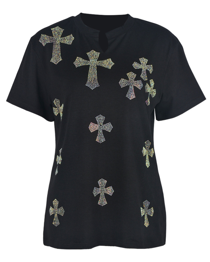 Hot Sale Woman Cross -Bozen Rhinestone Short Sleeve T-shirt Black S-L
