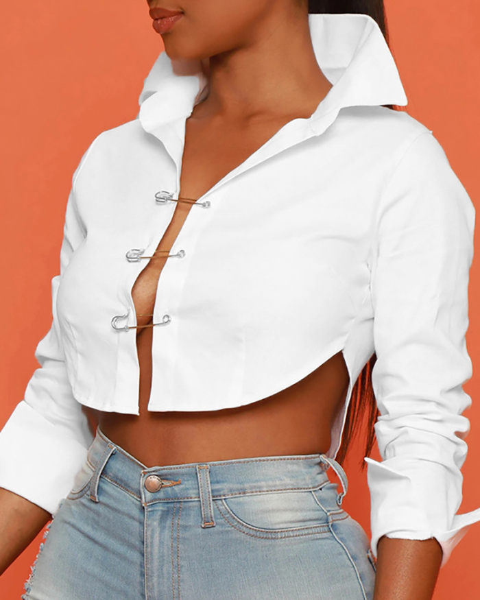 New Lapel Women Hollow Out Pin Crop Top Shirt White Black S-L