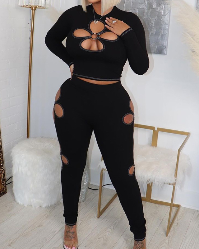 Women Mock Neck Long Sleeve Slim Four Leaves Hollow Out Solid Color Crop Tops Black S-L