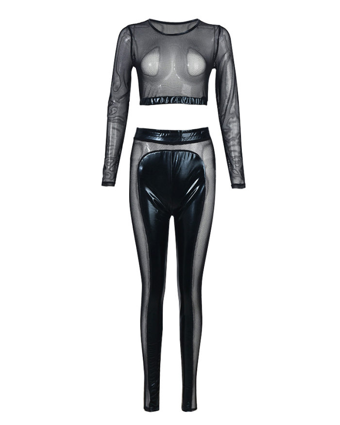 Fashion Women Mesh Long Sleeve Top Patchwork Pants Sets Two-piece Outfits Black S-L
