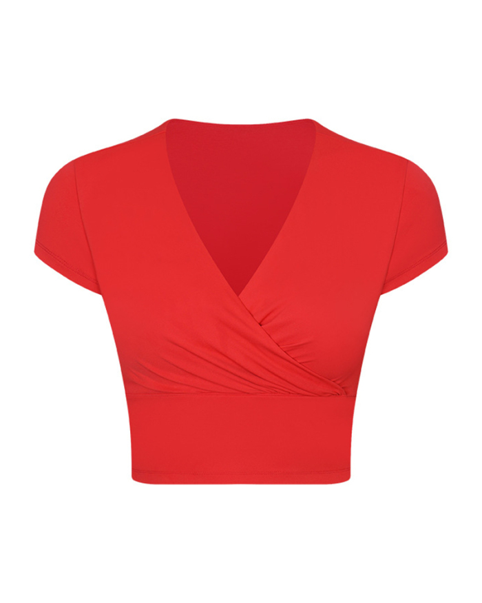 New Women Sports Ruched V-neck Short Sleeve Crop Top T-shirt Red Ivory Blue Black 4-12