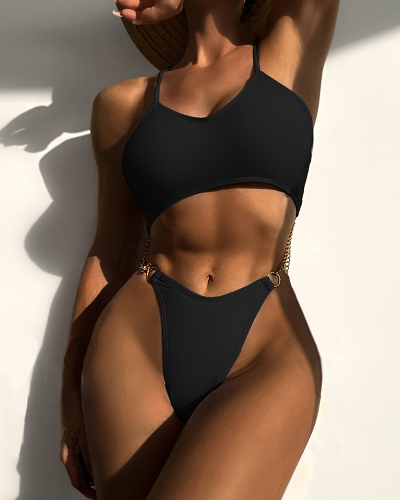 Women Sexy Strap High Cut One-piece Swimsuit Black S-L