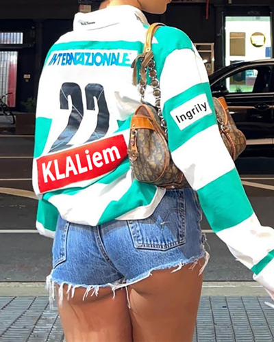 Hot Style Loose Lapel Long Sleeve Striped Pullover Women Tops Green White S-L