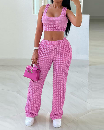 Women Solid Color Sleeveless High Waist Two-piece Suit Rosy S-L