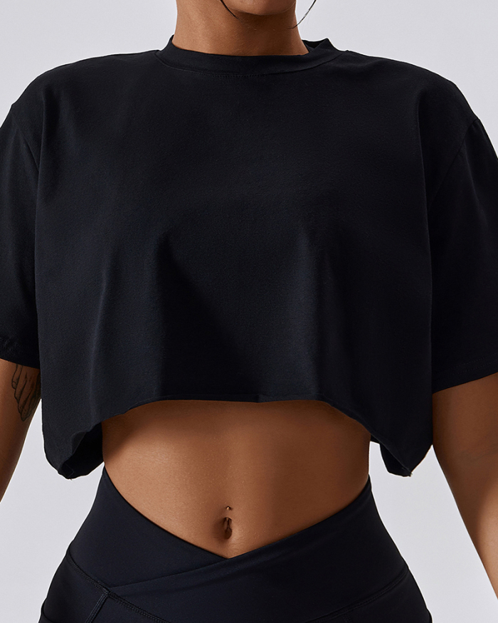 Women Short Sleeve Solid Color Round Neck Cropped Fit Outside Sport Wear Crop Running T-shirt Green Black Purple White Blue 8-14