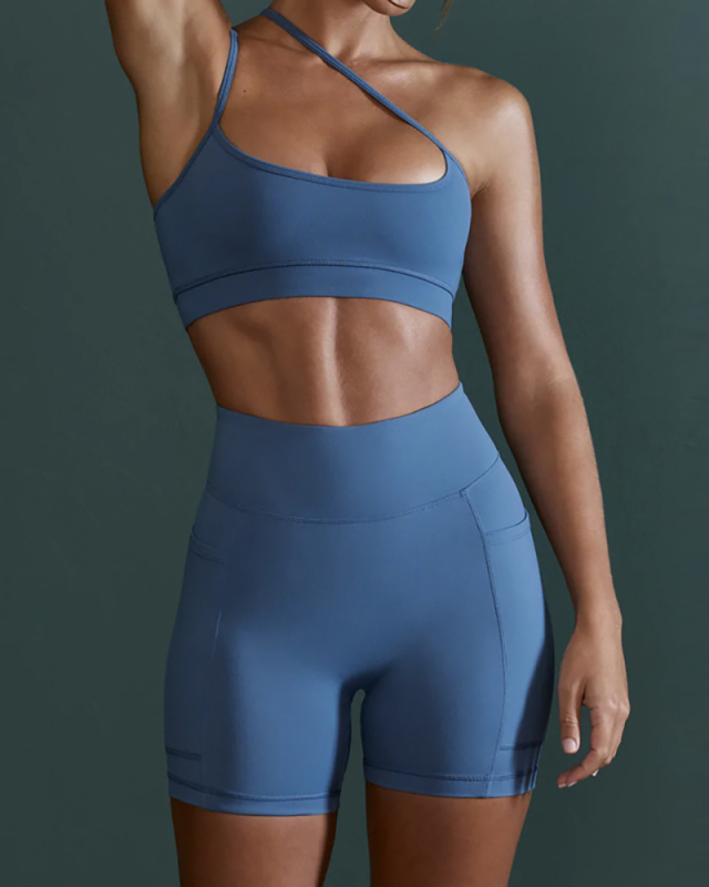 Women SolId Color Slash Straps Bra Side Patch Pockets Ruched Hips Shorts Sports Sets Black Ivory Purple Blue 4-10