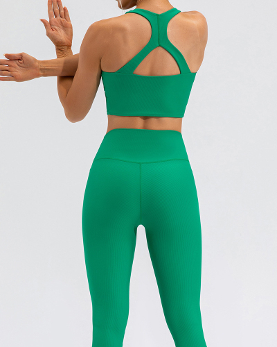 Women Square Neckline Criss Waist Training Sports Yoga Two-piece Sets Brown Black Beige Green 4-10