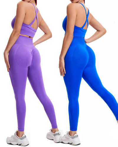 Women Cross Back Seamless Sports Fitness High Waist Legging Yoga 2 Piece Sets Black Purple Blue Gray Khaki S-L
