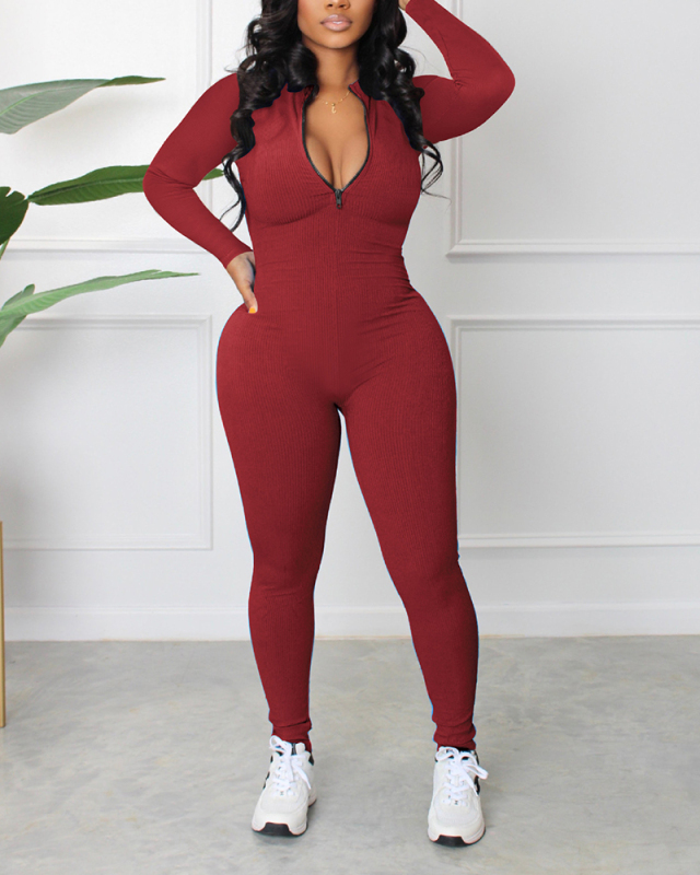 Women Long Sleeve Fashion Solid Color Zipper Front Slim Sports Jumpsuits Black White Gray Blue Khaki S-2XL