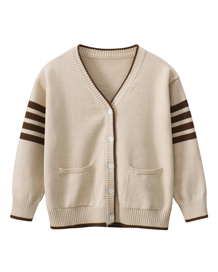 Fashion V-neck Long Sleeve Kids Cardigan Sweater Khaki Gray 90cm-140cm