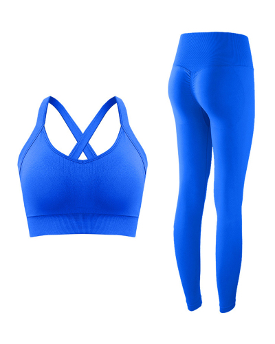Women Cross Back Seamless Sports Fitness High Waist Legging Yoga 2 Piece Sets Black Purple Blue Gray Khaki S-L
