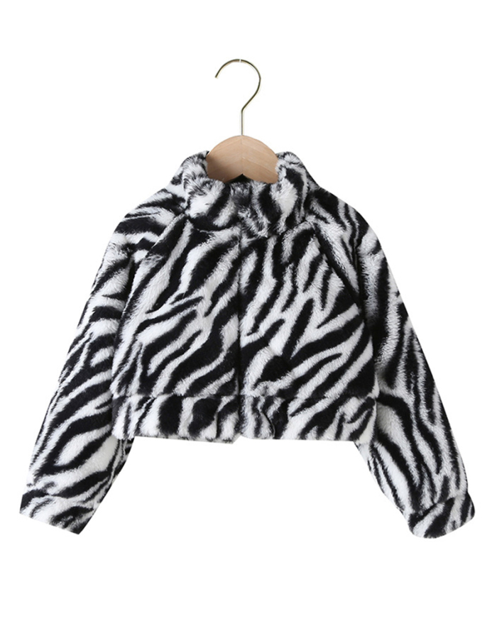 New Kids Black White Zebra Stripes Leopard Plush Fashion Coat 90cm-130cm