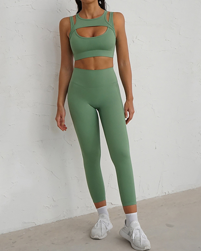 Newest Women Solid Color Yoga Wear Hollow Out Sport Bra Slim Leggings Green Red Brown Black White S-L