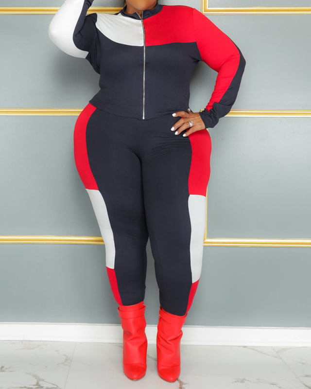 Fashion Long Sleeve Colorblock Women Sport Plus Size Two Piece Sets Black L-4XL
