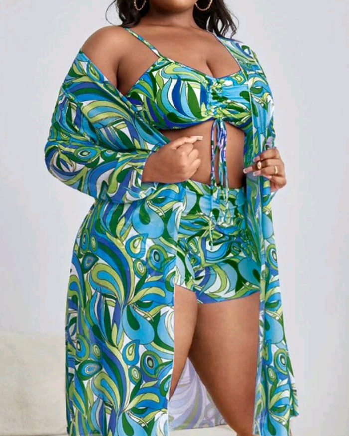 Women Long Sleeve Cover Up Three Piece Sets Plus Size Swimwear Green Purple Blue XL-4XL