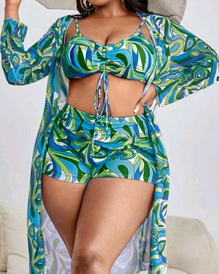 Women Long Sleeve Cover Up Three Piece Sets Plus Size Swimwear Green Purple Blue XL-4XL