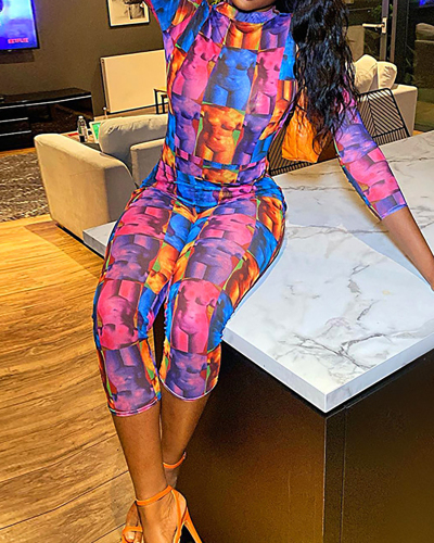 Colorful Long Sleeve Fashion Printed Women Bodysuit Slim Pants Two Piece Sets S-L