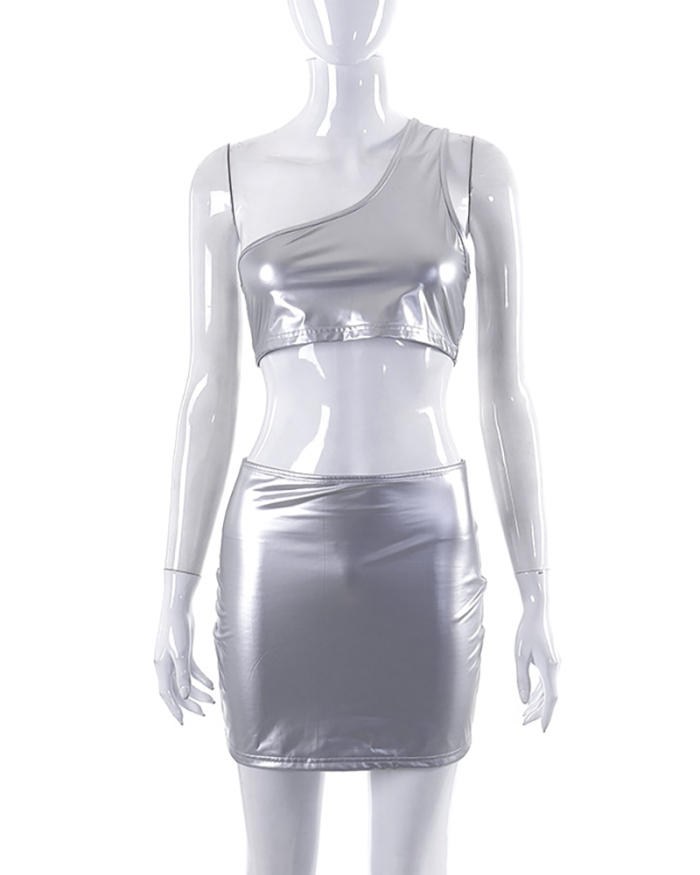 One Shoulder Fashion Women Slim Silver Two Piece Skirt Sets Siliver S-L