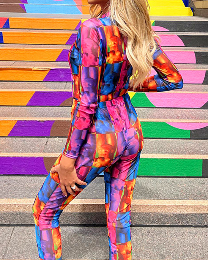 Colorful Long Sleeve Fashion Printed Women Bodysuit Slim Pants Two Piece Sets S-L