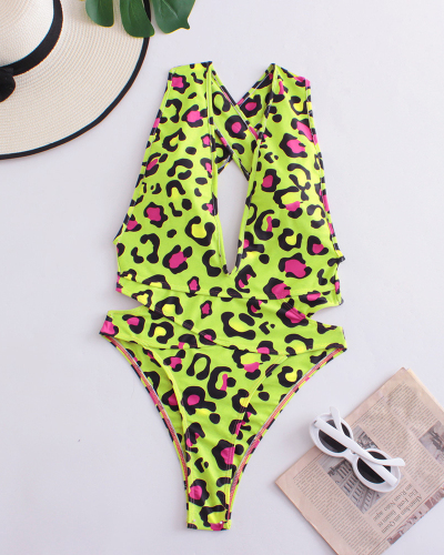 Deep v-neck Leopard Printed Women One Piece Wholesale Swimwear