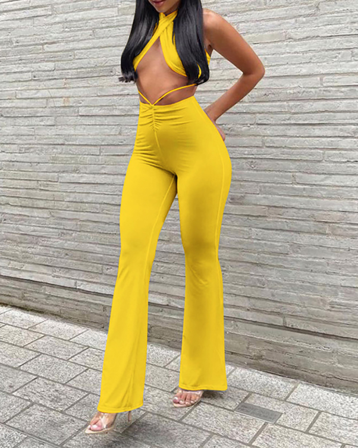 Open Back Solid Color Sexy Party Two Piece Pant Set S-XXL