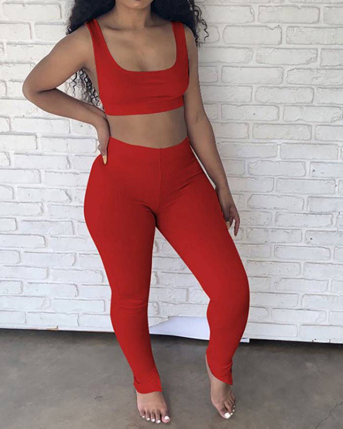 Women Sports Bra Solid Color Slim Pants Sets Two Pieces Outfit Black White Blue Red Pink S-2XL