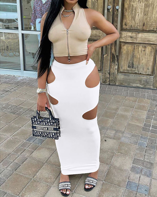 Women Sexy Hollow Out Solid Color High Waist Long Skirts Black White Khaki S-2XL