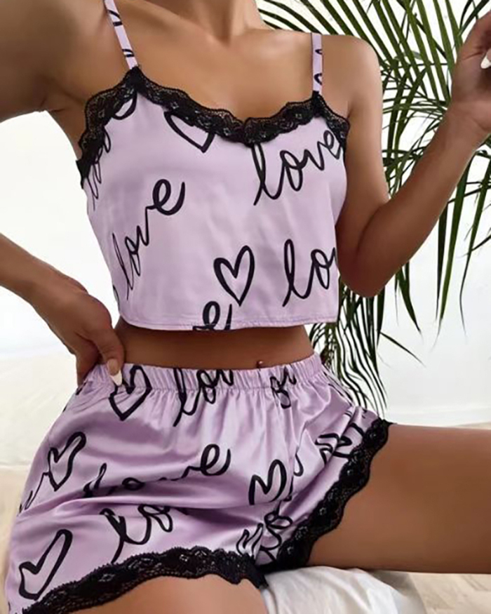 Women Cute Love Printed Sleep Wear Sling Babydoll Lace Shorts Set Pink Purple Champagne S-3XL